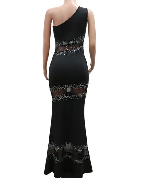 Women Sexy One Shoulder Mesh Bling Patchwork Maxi Dress