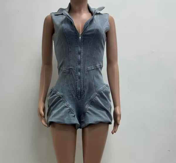 Women Sexy Fashion Zip Up Sleeveless Denim Romper