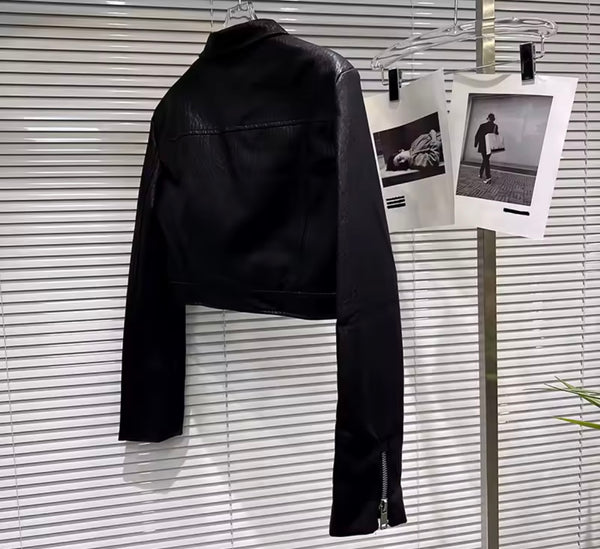 Women Black Zip Up Fashion Faux Leather Jacket