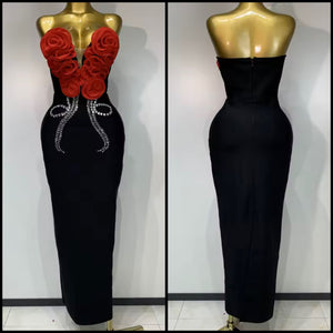 Women Sexy Strapless 3D Floral Rhinestone Maxi Dress
