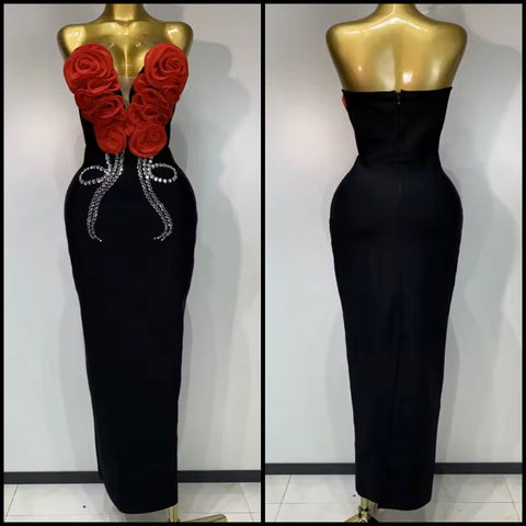 Women Sexy Strapless 3D Floral Rhinestone Maxi Dress