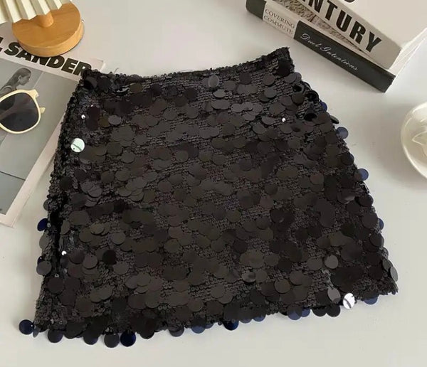 Women Fashion Solid Color Sequins Short Skirt