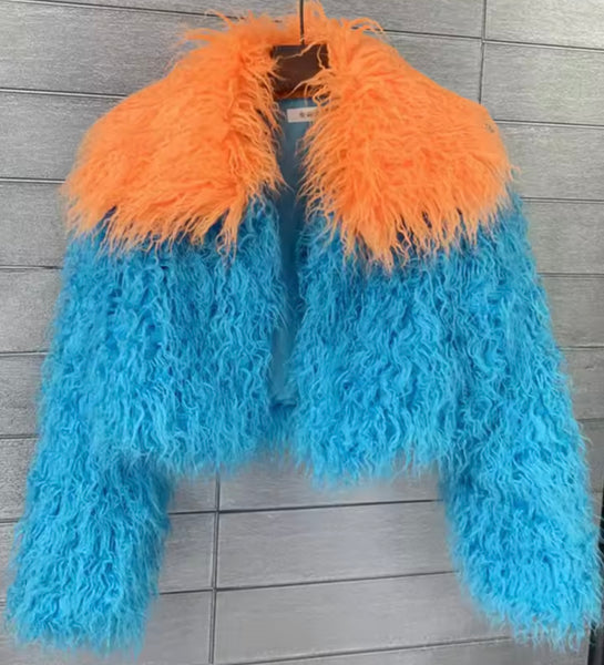 Women Color Patchwork Fashion Faux Fur Short Jacket