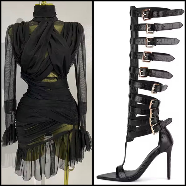 Women Fashion Black Open Toe Buckled Knee High Sandals