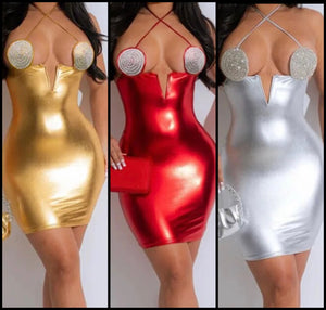 Women Sexy Bling Halter PU Sleeveless Dress