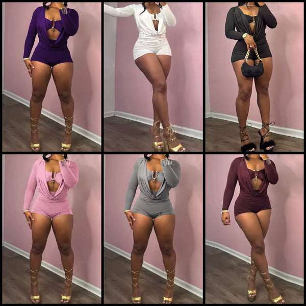 Women Sexy Metal Full Sleeve Color Cut Out Romper