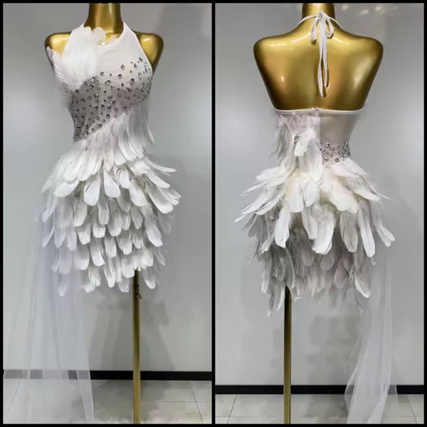 Women White Halter Sleeveless Rhinestone Feather Dress