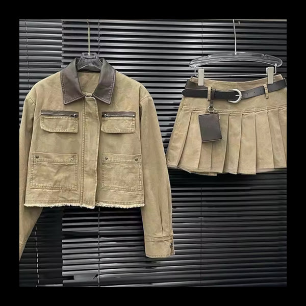 Women Fashion Jacket Belted Two Piece Pleated Skirt Set