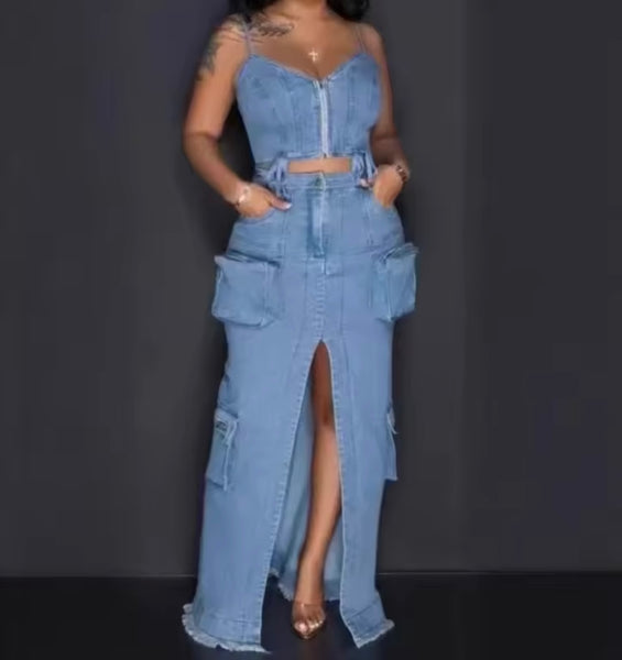 Women Sleeveless Zip Up Denim Two Piece Sexy Maxi Skirt Set