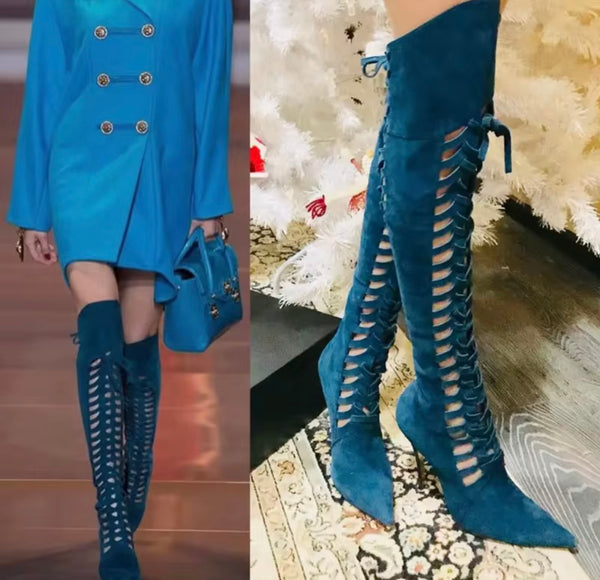 Women Color Fashion Pointed Toe Tie Up Suede Knee High Boots