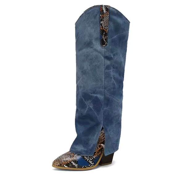 Women Fashion Color Animal Print Denim Knee High Western Boots