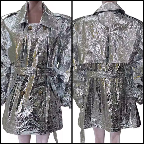 Women Silver Metallic Fashion Trench Jacket