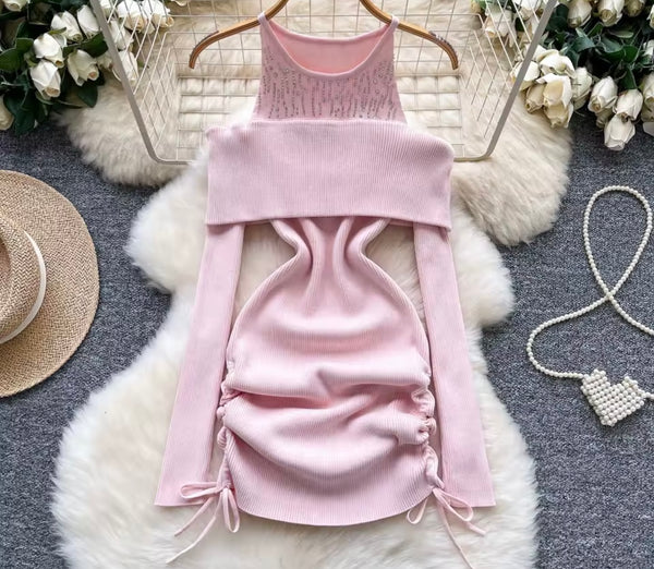 Women Bling Ribbed Full Sleeve Sexy Drawstring Dress