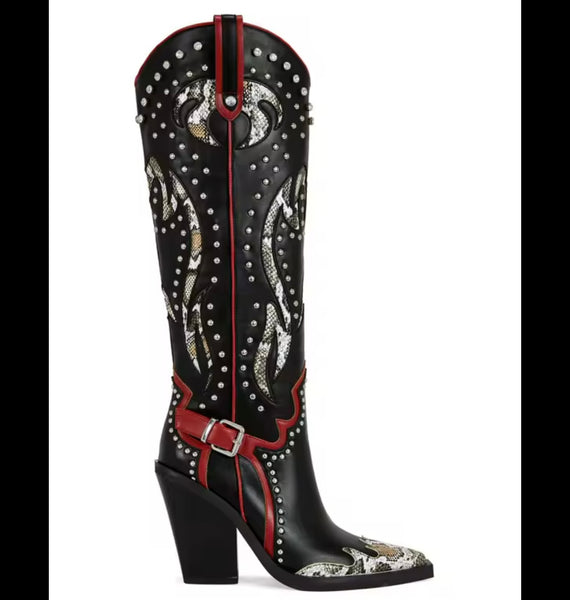 Women Fashion Animal Print Rivet Buckled Knee High Western Boots