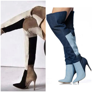 Women Fashion Pointed Toe Color Patchwork Knee High Boots