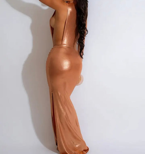 Women Sexy Metallic Sleeveless Maxi Dress