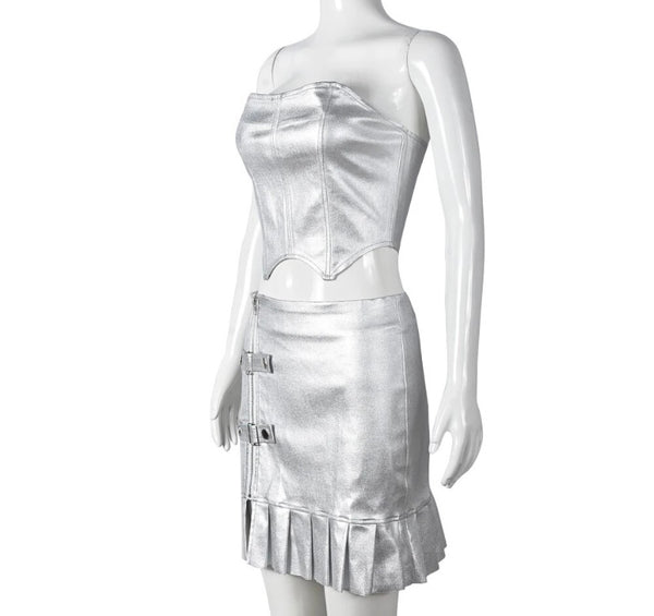 Women Sexy Silver Strapless Two Piece Pleated Skirt Set