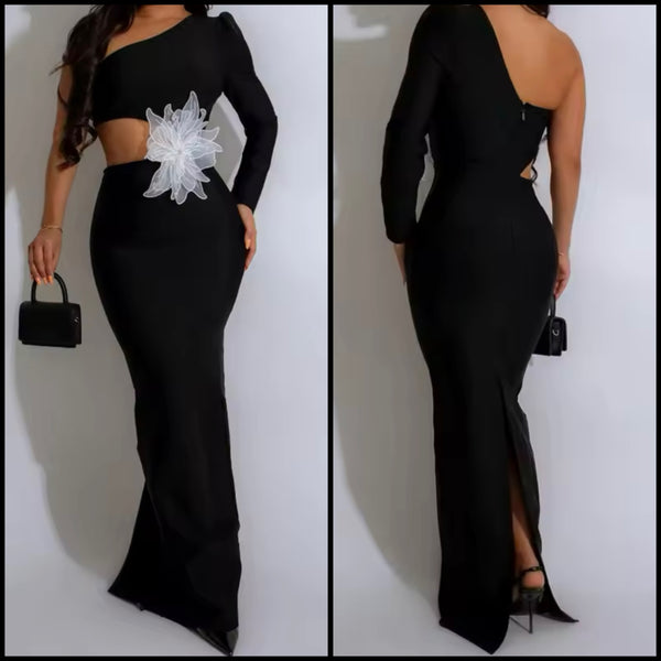Women Black Sexy Floral Cut Out One Shoulder Maxi Dress