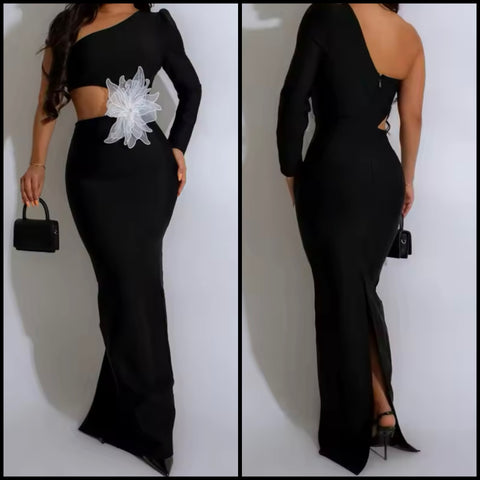 Women Black Sexy Floral Cut Out One Shoulder Maxi Dress