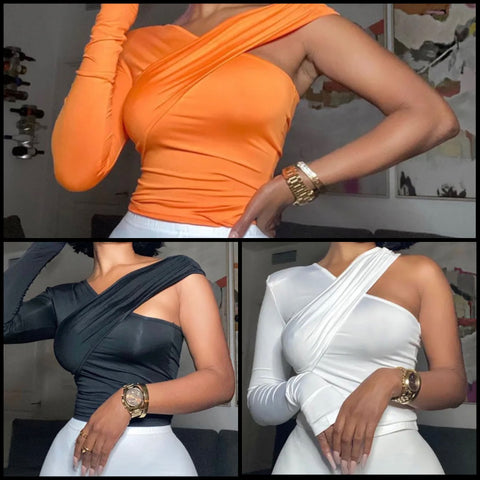 Women Sexy Fashion One Shoulder Solid Color Crop Top