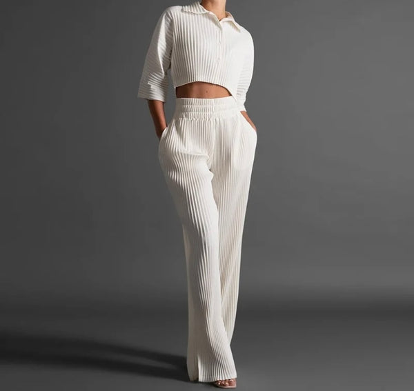 Women Sexy Solid Color Button Up Short Sleeve Crop Two Piece Pant Set