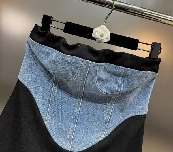 Women Sexy Strapless Denim Patchwork Dress