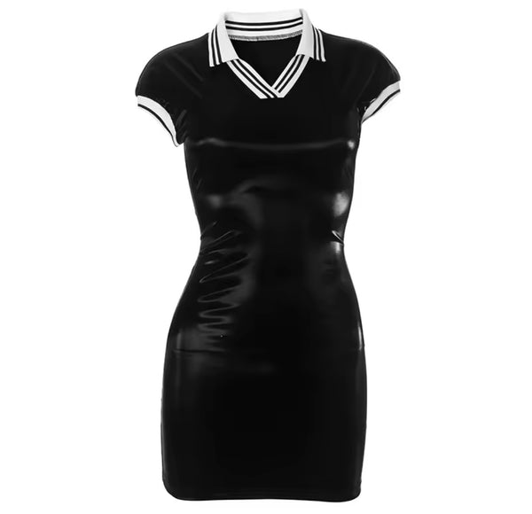 Women Sexy Short Sleeve Striped Collar Black Dress