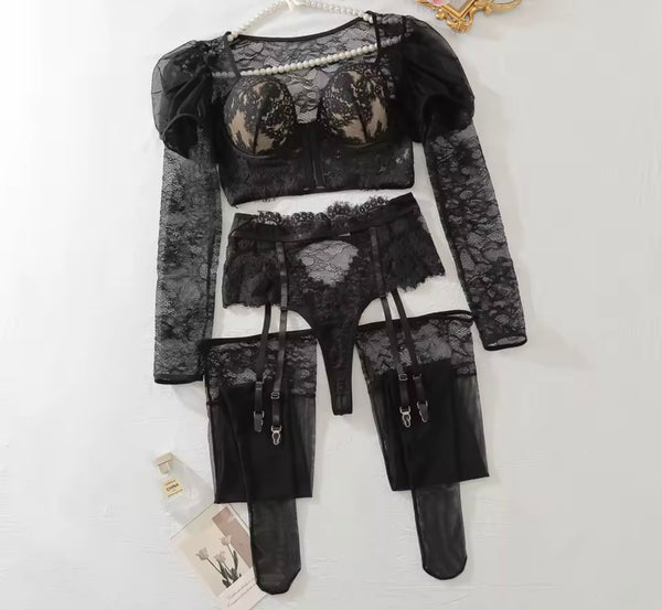 Women Sexy Black Lace Full Sleeve Lingerie Set