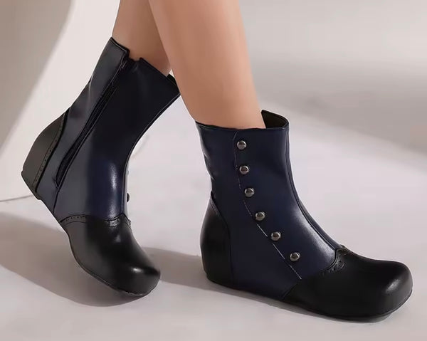 Women Color Patchwork Rivet Fashion Flat Ankle Boots