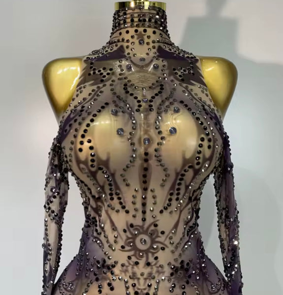 Women Color Rhinestone Mesh Full Sleeve Jumpsuit