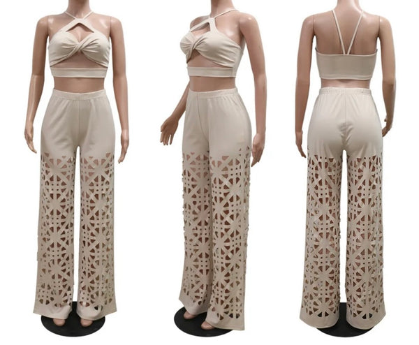 Women Sexy Sleeveless Cut Out Two Piece Pant Set