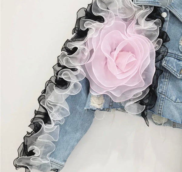 Women Fashion Ripped Color Floral Ruffled Denim Jacket
