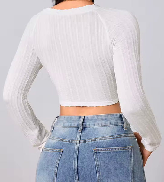 Women White Tassel Fashion Full Sleeve Crop Top