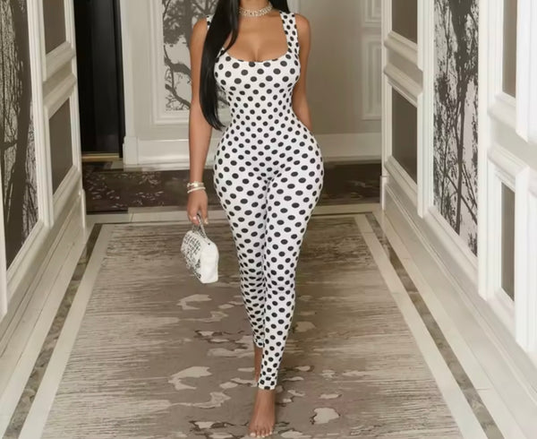 Women Sleeveless Open Back B&W Polka Dot Jumpsuit