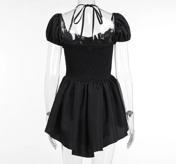 Women Sexy Black Short Sleeve Ruffled Dress