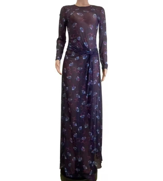 Women Sexy Purple Printed Full Sleeve Side Split Maxi Dress