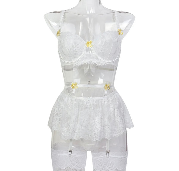 Women White Sexy Lace Yellow Floral Patchwork Lingerie Set