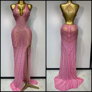 Women Pink Halter Sleeveless Color Rhinestone Mesh Maxi Dress