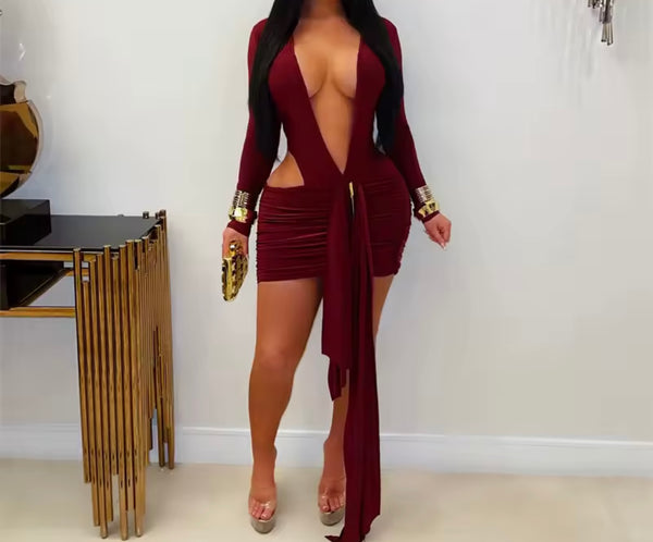 Women Sexy Deep V-Neck Full Sleeve Cut Out Tassel Dress