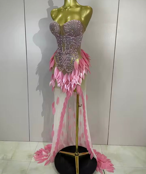 Women Sexy Strapless Beaded Sequins Side Split Maxi Dress
