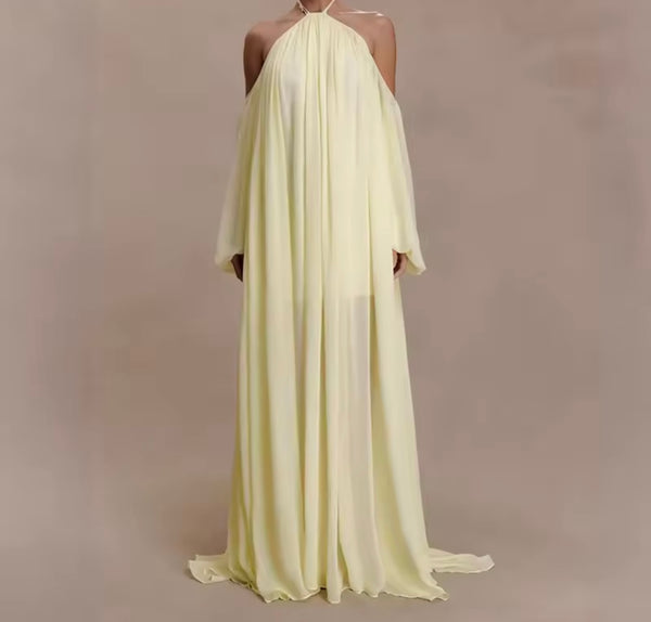Women Sexy Halter Yellow Chiffon Maxi Dress