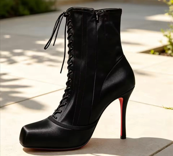 Women Fashion Satin Square Toe Lace Up Ballerina Ankle Boots