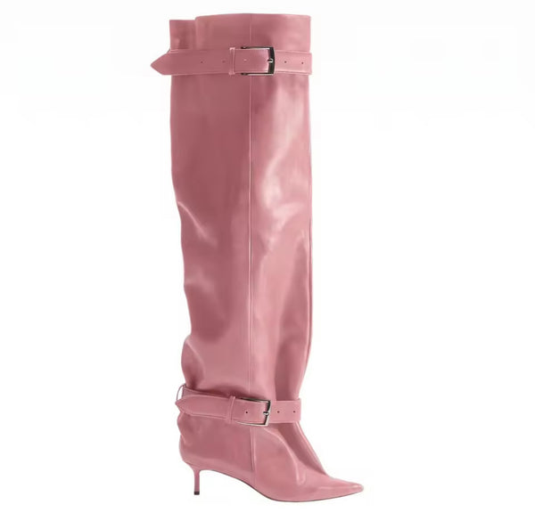 Women Pointed Toe Double Buckle Knee High Boots
