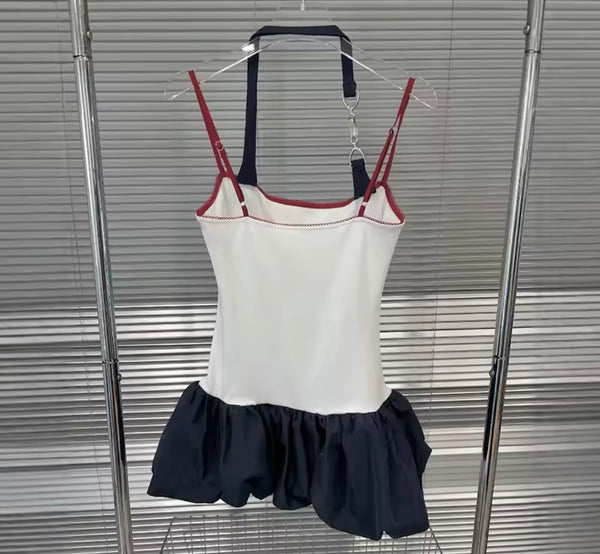 Women Sexy Halter Sleeveless Color Patchwork Bubble Dress