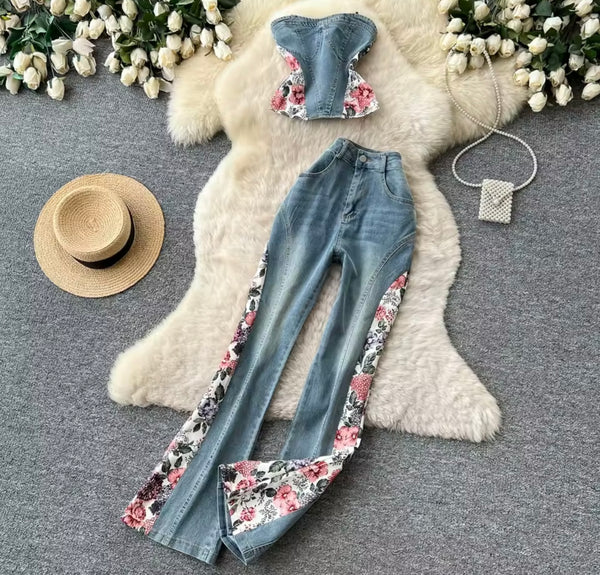 Women Strapless Floral Patchwork Denim Two Piece Pant Set