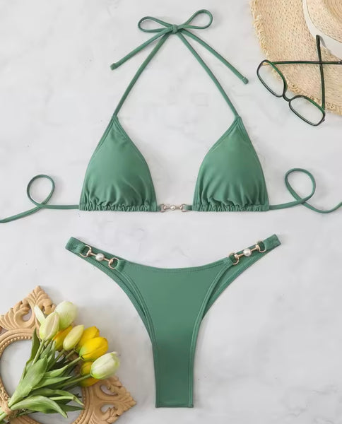 Women Sexy Halter Pearl Metal Bikini Swimsuit