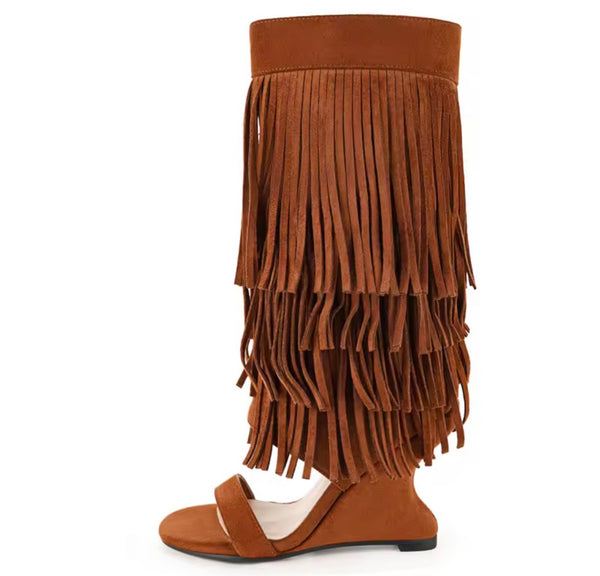 Women Fashion Suede Fringe Tassel Open Toe Wedge Boots