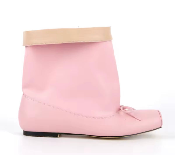 Women Pink Square Toe Bow Fashion Flat Knee High Boots