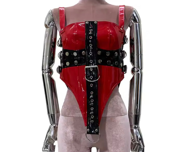 Women Red Sleeveless Fashion PU Leather Buckled Top