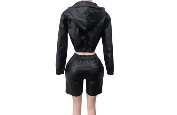 Women Fashion Hooded Zip Up Faux Leather Two Piece Short Set